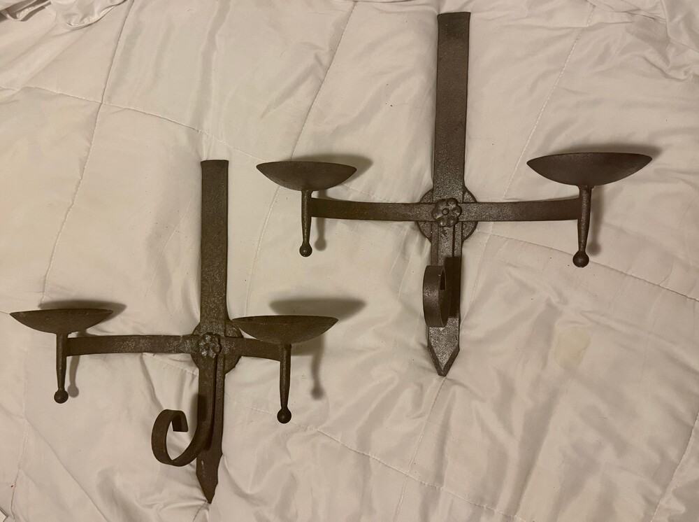 Pair Spanish Revival Style Metal Wall Candle Sconces 19 Inch Gothic Scroll
